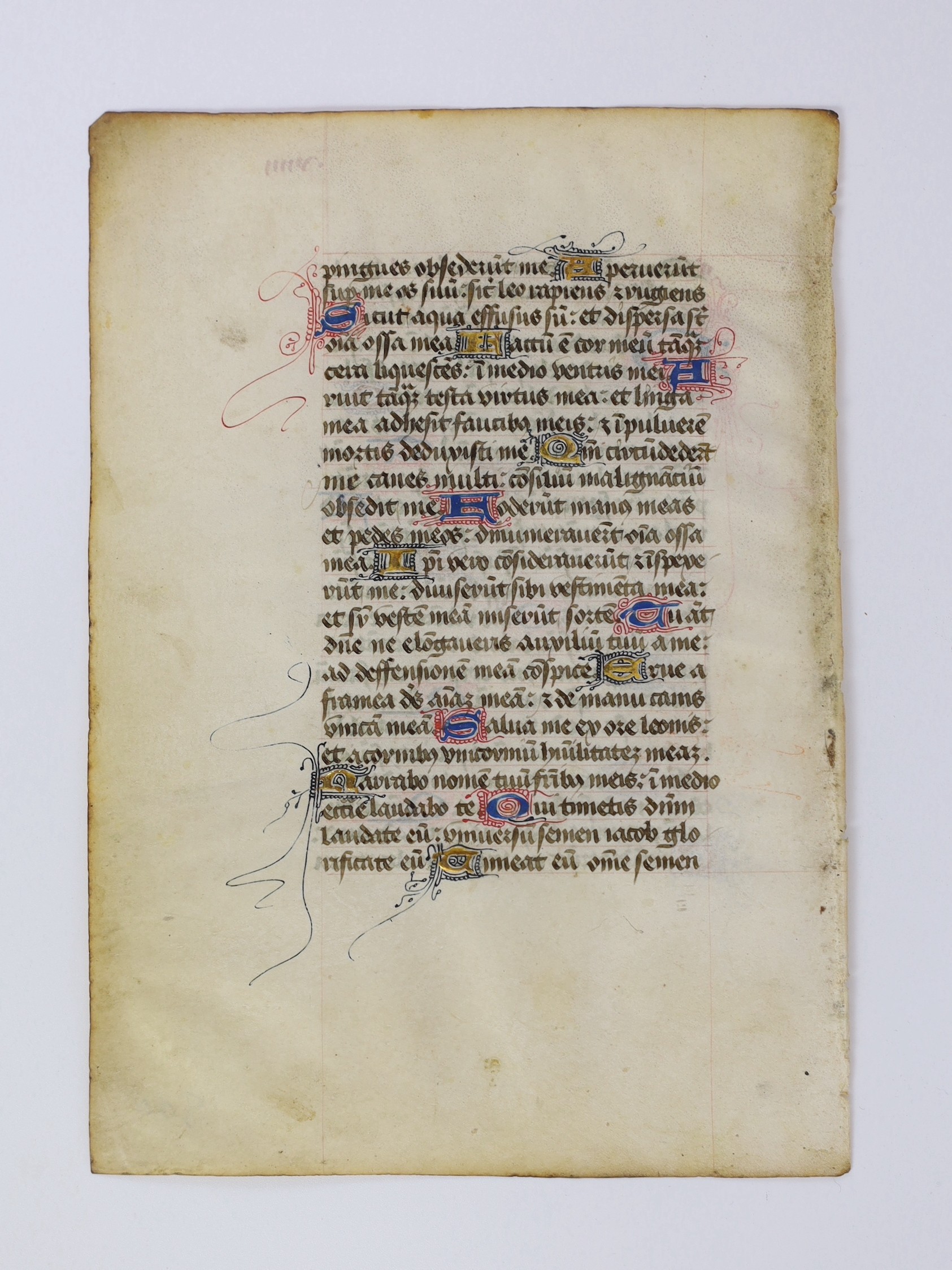 Manuscript leaf from a book of hours illuminated in blue, red and gilt; French, second quarter of the 15th century